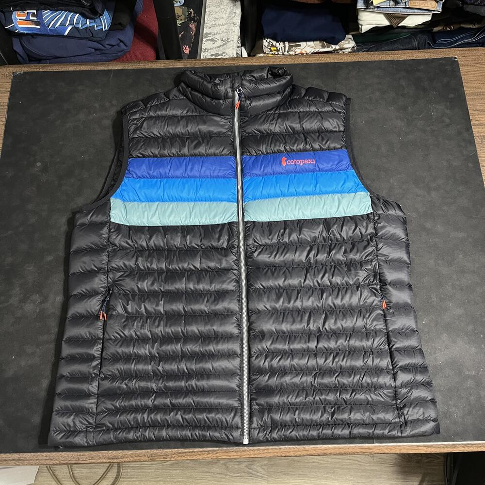 Cotopaxi Down Puffer Vest Mens 2XL Fuego Striped Lightweight Black Outdoor